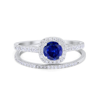 Two Piece Wedding Ring Halo Bridal Simulated Blue Sapphire CZ 925 Sterling Silver